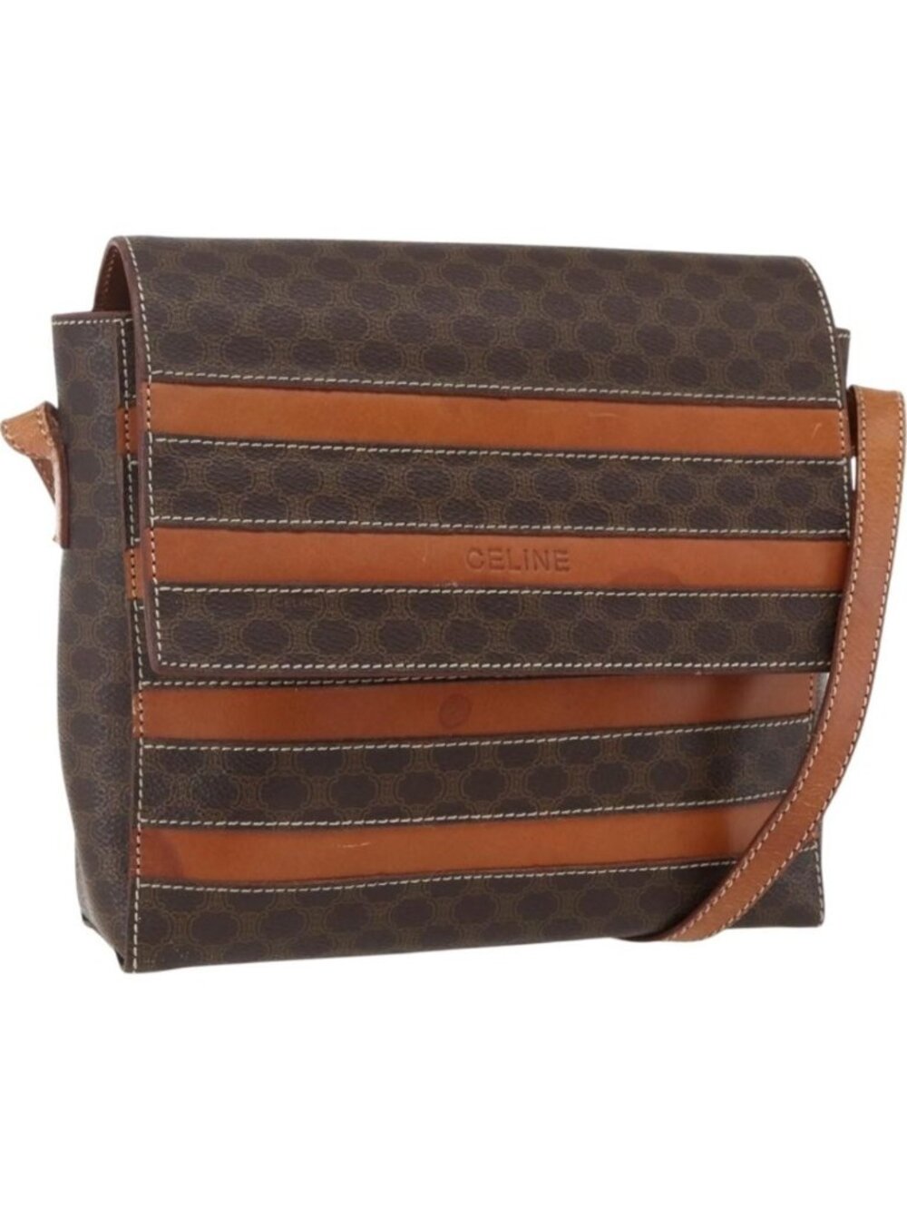 CELINE Macadam Canvas Shoulder Bag PVC Leather Brown Gold